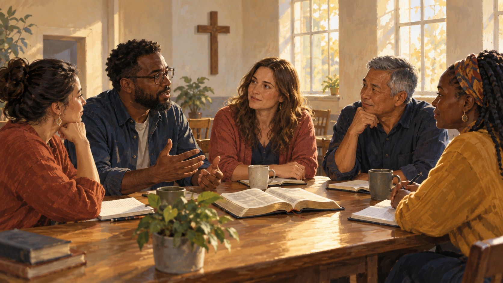 Conceptual illustration of adults sharing ideas around a table with an open Bible in a church meeting room