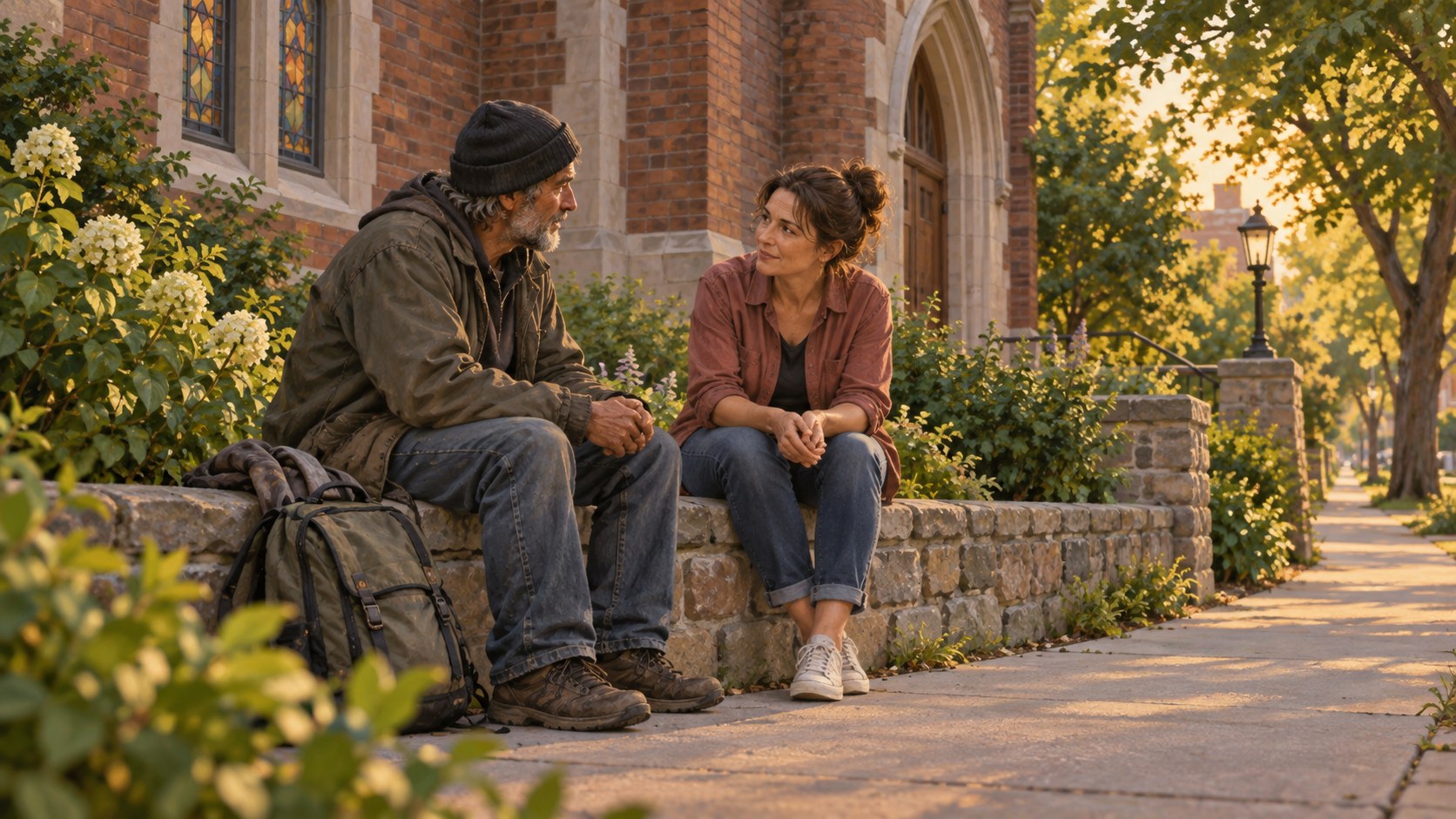 Illustration of two adults talking beside an anonymous urban church, with a backpack nearby