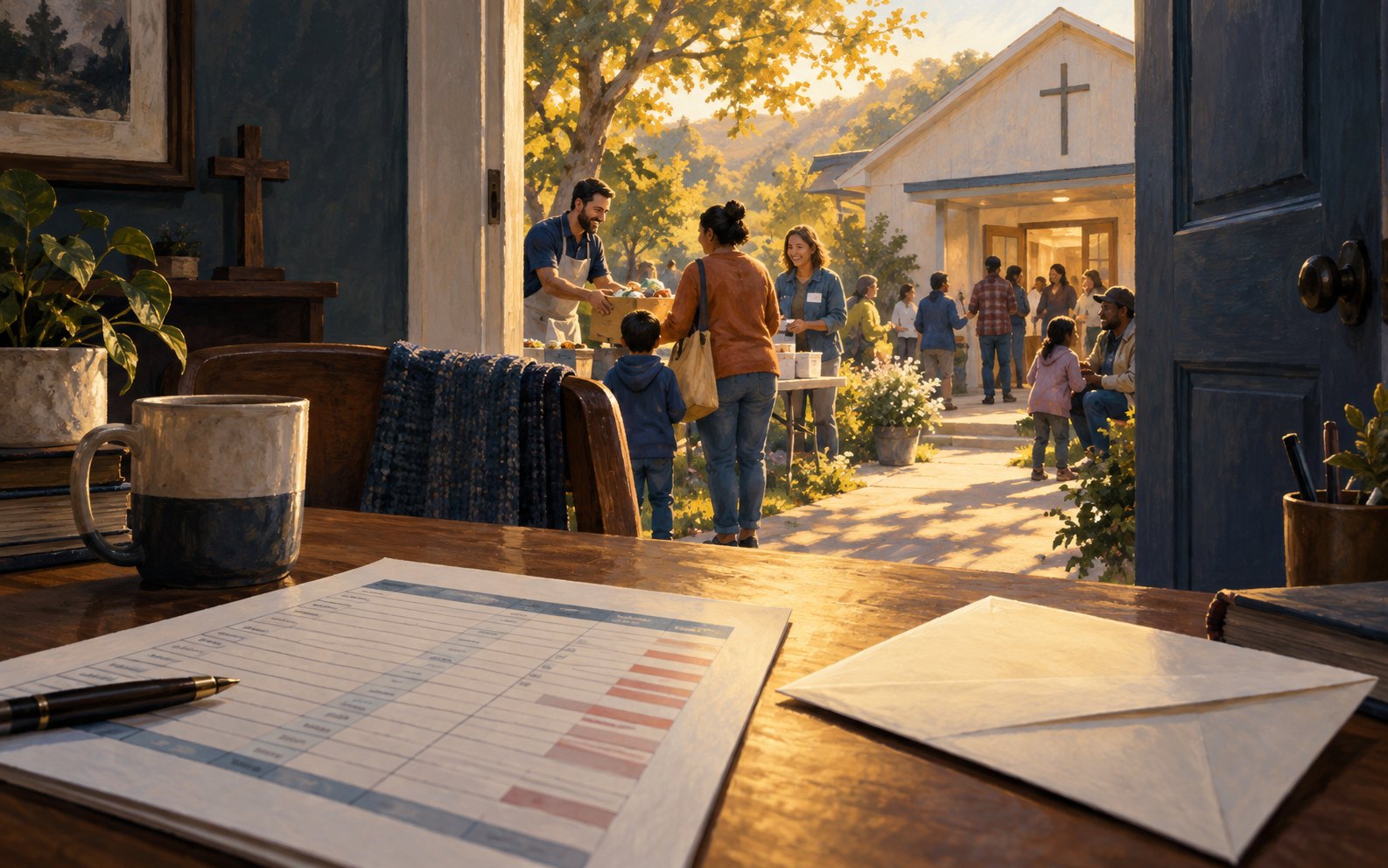 A budget ledger in the foreground and neighbors gathering at a community center beyond