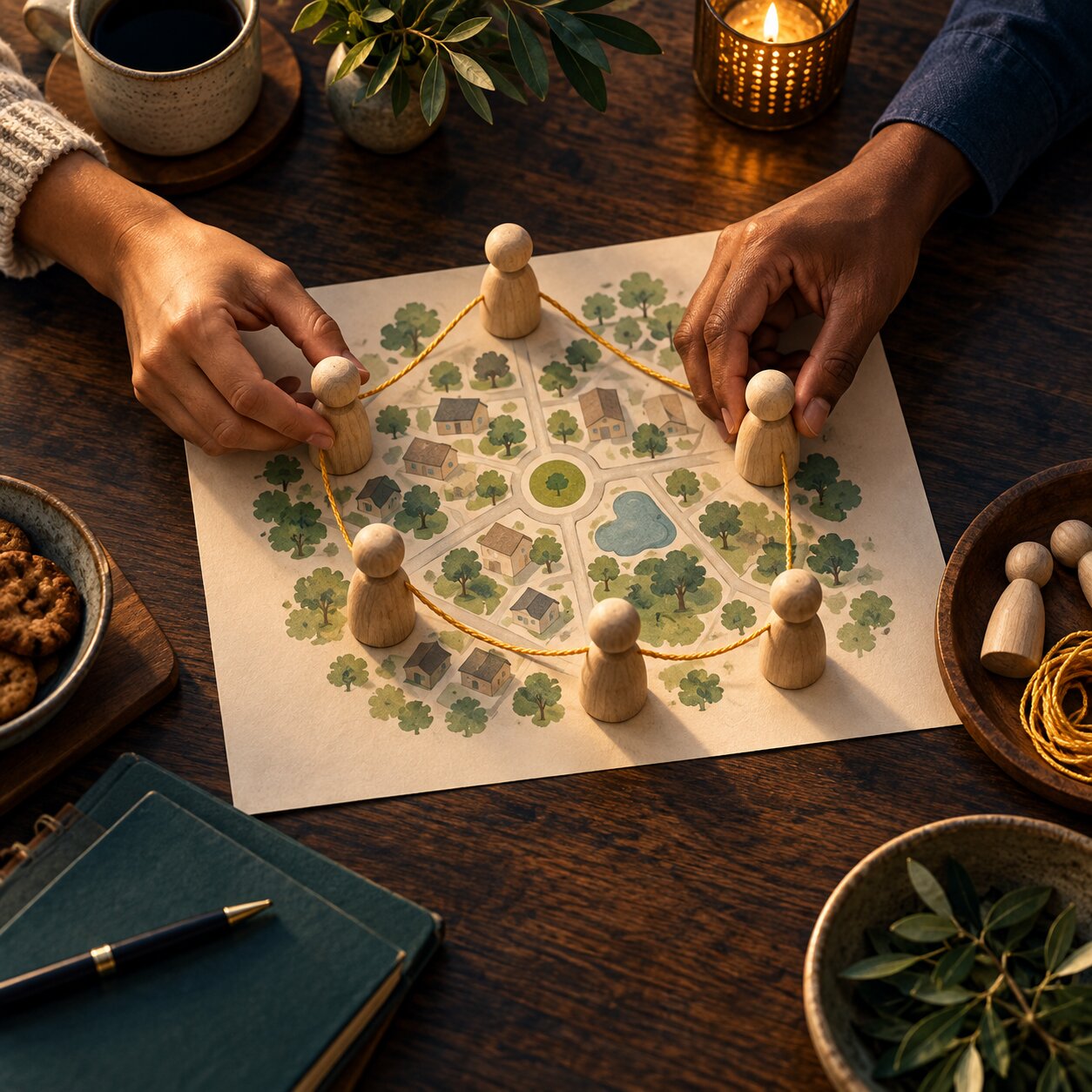 Hands connect neighbors on a plan with a golden thread.
