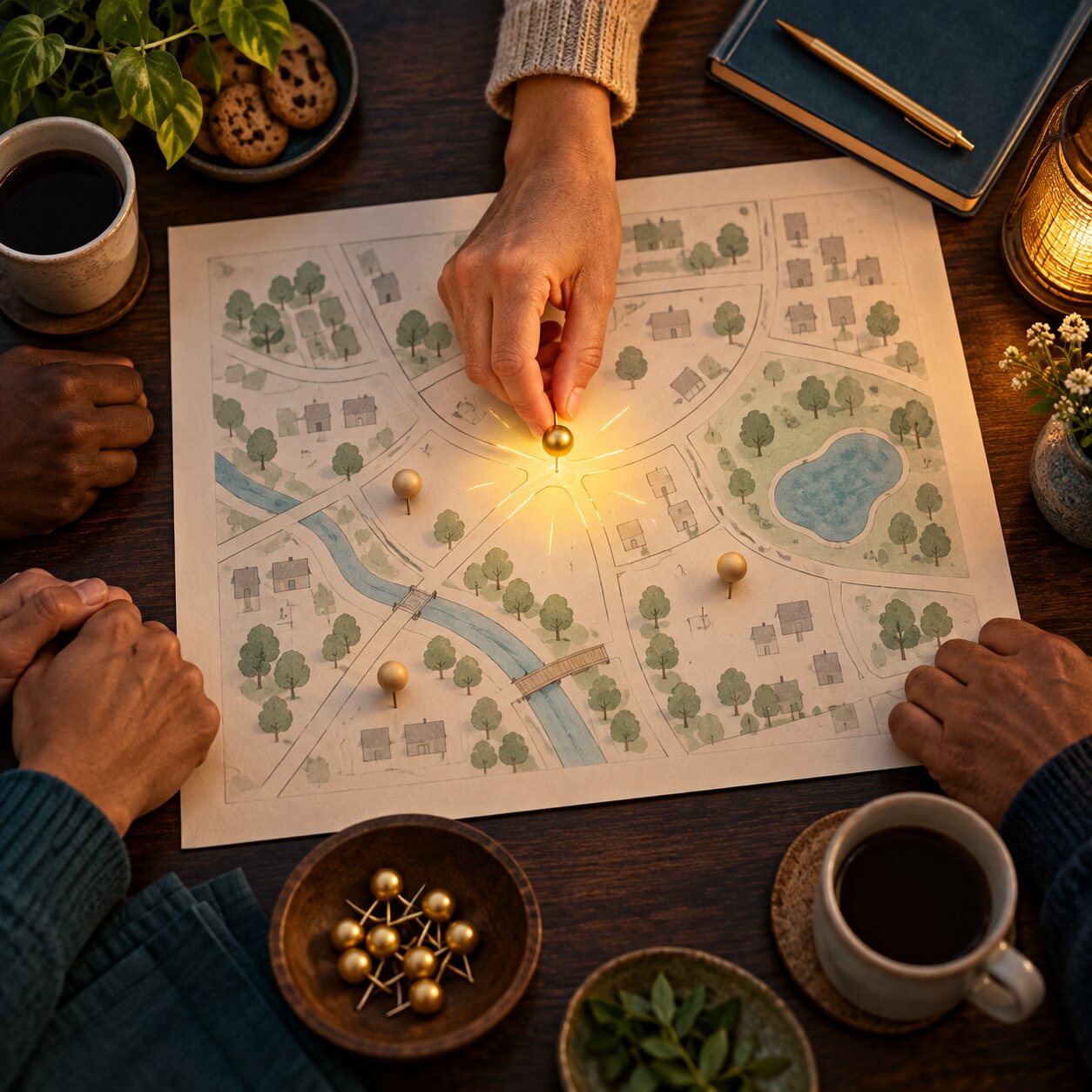 A hand places the first glowing marker on a neighborhood plan.