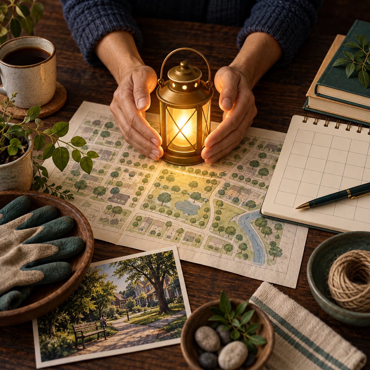 Hands protect a steady lantern beside a neighborhood plan and blank calendar.