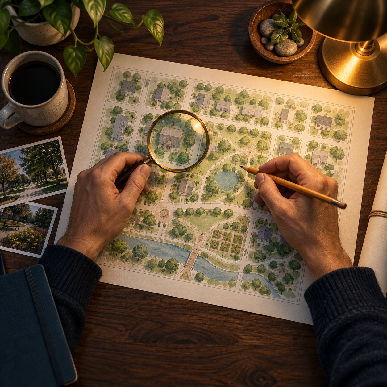 Hands check a neighborhood plan with a magnifying glass and pencil.