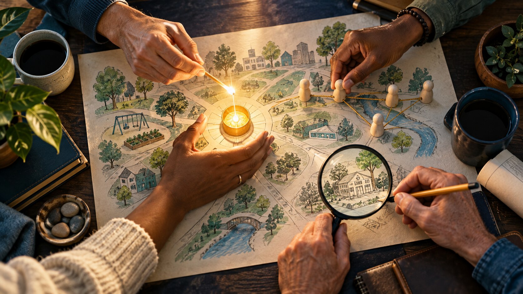 Four people planning a shared neighborhood project around a light, symbolizing different contributions to the work